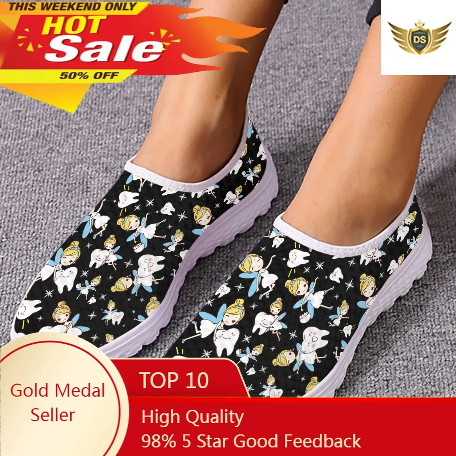Cute Cartoon Nurse Elf/Teeth Print Casual Breathable Summer Shoes Black Mesh Shoes Casual Zapatos Planos De Mujer