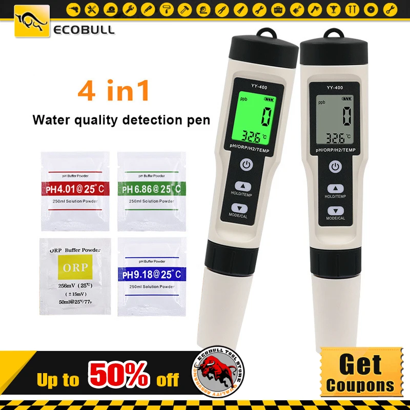 

4 in 1 LCD Digital PH Meter Test Pen Portable PH ORP H2 Temperature Tester Aquarium Wine Beer Water Quality Purity Tester Tool
