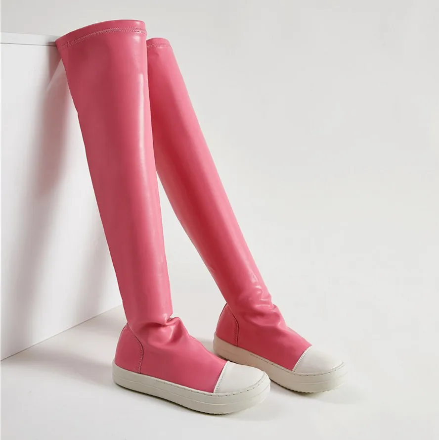 

Black pink red Fashion Sneaker Boots Women's Flat Heel Oxfords Punk Goth Thigh High Over the Knee Booties Pull On Casual Party