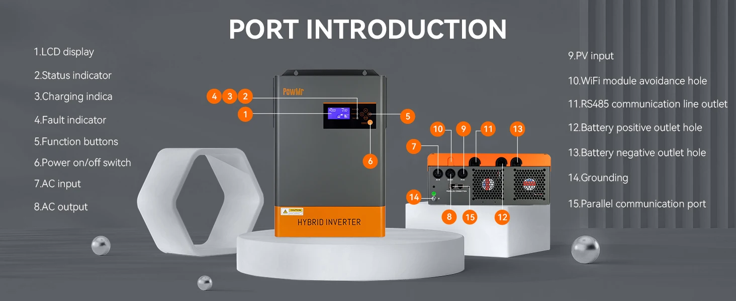 Description Picture 6 of itemPowMr Solar Hybrid Inverter 6200W with 120A MPPT Charge Controller DC 48V to 230V AC Parallel Max 12 Units Solar PV Max 6500W