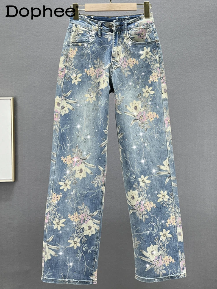 Retro Printed Rhinestones Wide-Leg Jeans Women 2024 Spring Summer Clothing High Waist Loose Straight-Leg Trousers Baggy Jeans