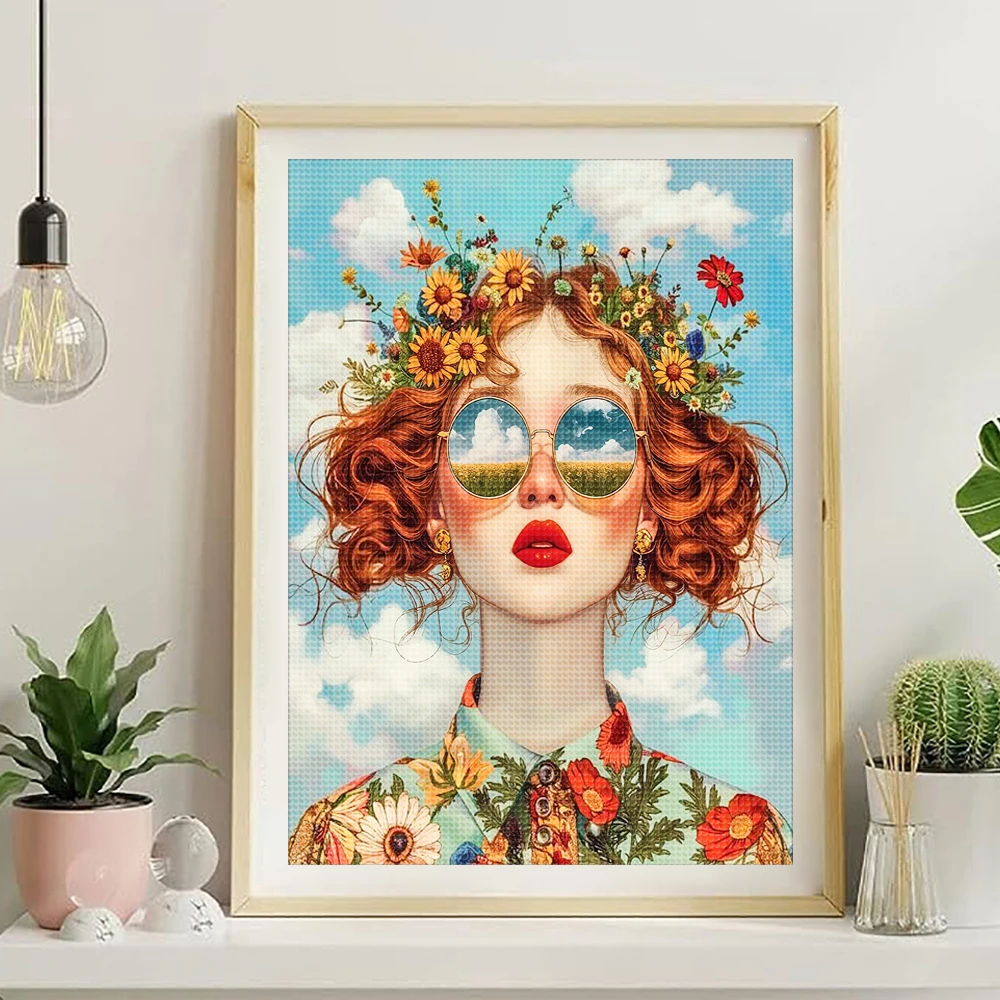Full Square Round Diamond Painting Beautiful Woman With Glasses Flower Diamond Mosaic Embroidery Rhinestones Cross Stitch Art view 3
