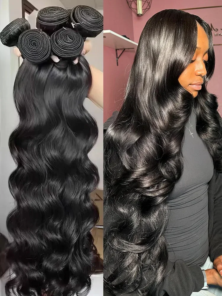 Extensions de cheveux humains 100% naturels, 40 pouces, ondulés, brésiliens, birmans, tissage lâche, 3 ou 4 paquets, noir naturel vierge, tissage au crochet. 1