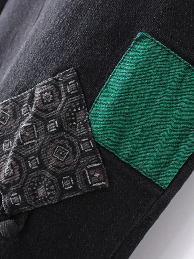 Women's High Waist Stretch Denim Harem Pants, Casual Washed Jeans, Green Patch Bottoms, Plus Size, Spring, Autumn Fashion