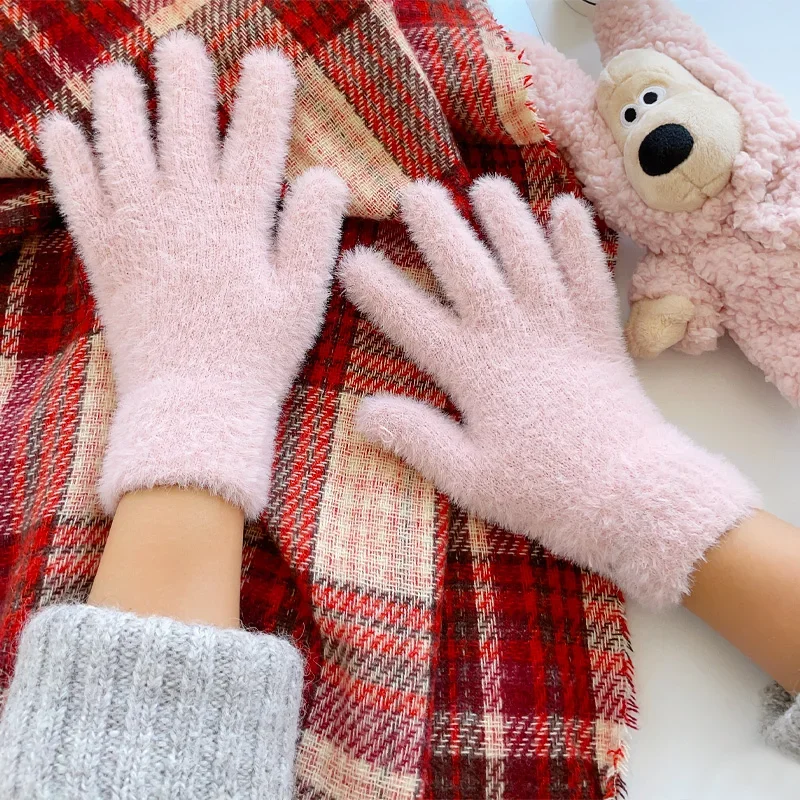 Mink Velvet Gloves Fashion Winter Five Finger Plush Warm Cold-proof Women Outdoors Cycling Solid Color Wistiti Mittens