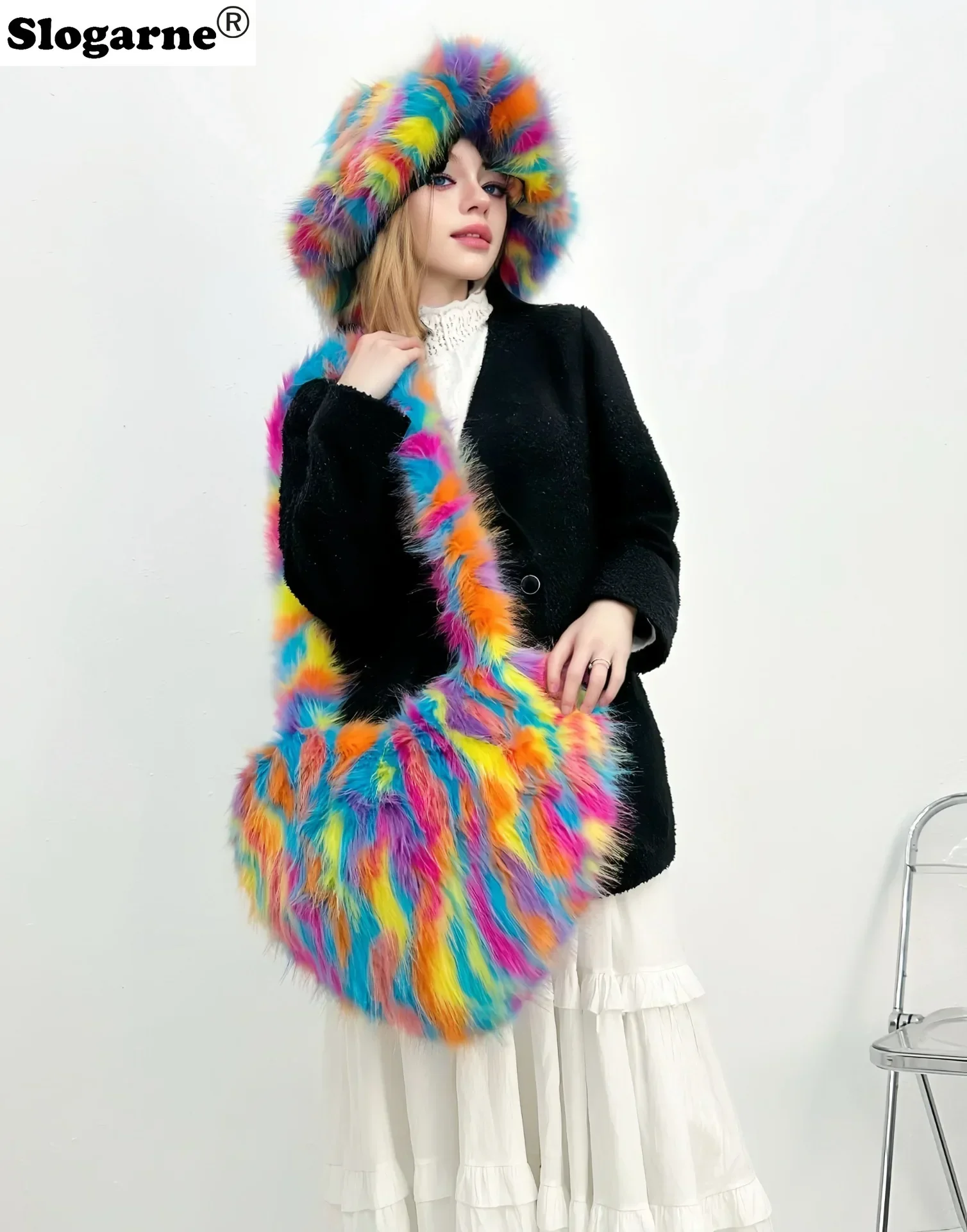 Women Faux Fur Shoulder Bag Fur Plush Bucket Hat Luxury Sets Furry Ski Hats Warm Caps Luxury Fluffy Bags New Y2K Suits