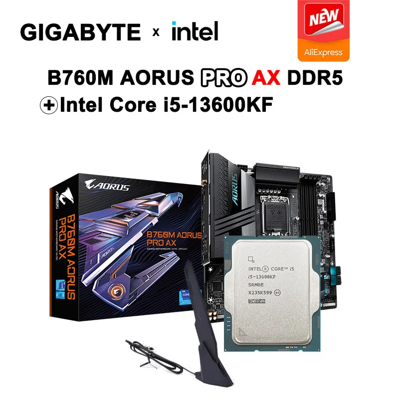 인텔-i5 13600KF CPU + 기가 바이트 GA B760M AORUS PRO AX DDR5 마더보드 슈트, B760 소켓 LGA 1700, 완전 신제품, 냉각기 없음