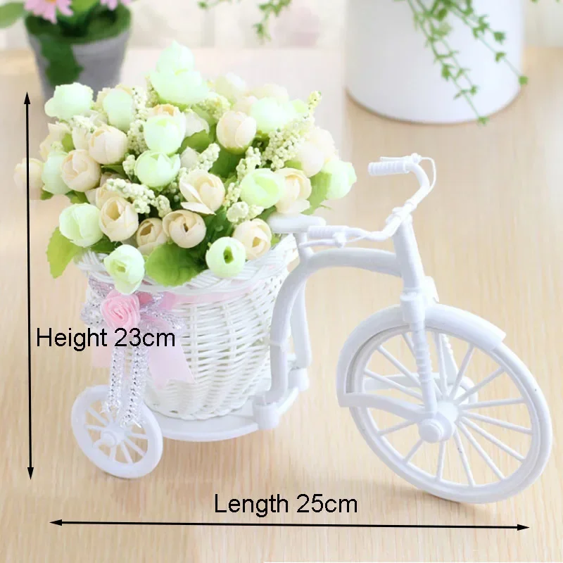 Artificial Flowers Silk Roses Rattan Bike Vase Plastic Bicycle Desktop Decorative Rose Bonsai Plant Outdoor Home Office Decor