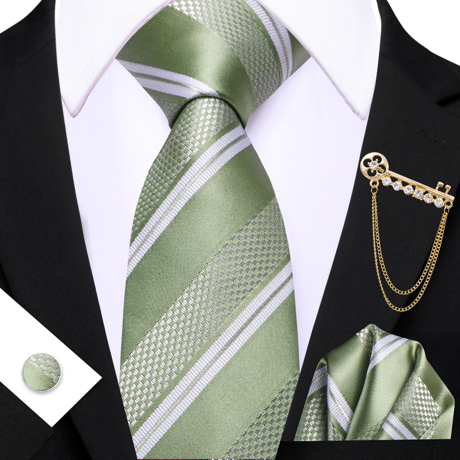 Modisches, gestreiftes, mintgrünes, marineblaues Krawatten-Set für Herren mit passendem Einstecktuch und Manschettenknöpfen, Brosche, lässige Krawatten-Accessoires – Detail 4
