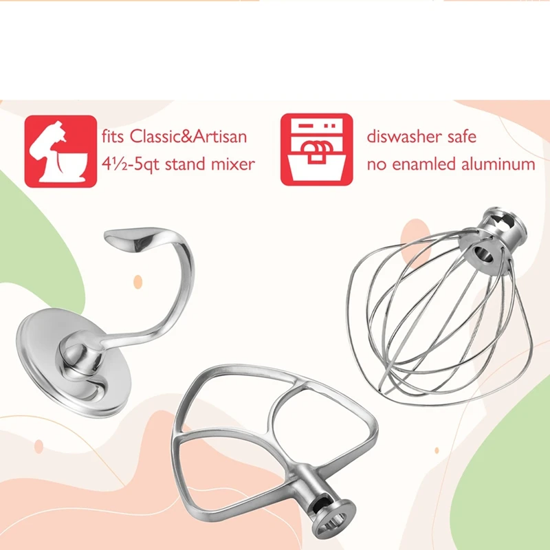 Stainless Steel Accessories for Kitchenaid 4.5-5 Qt Tilt Head Stand Mixer Includes 6 Wire Whisk Flat Beater Dough Hook rotary whisk