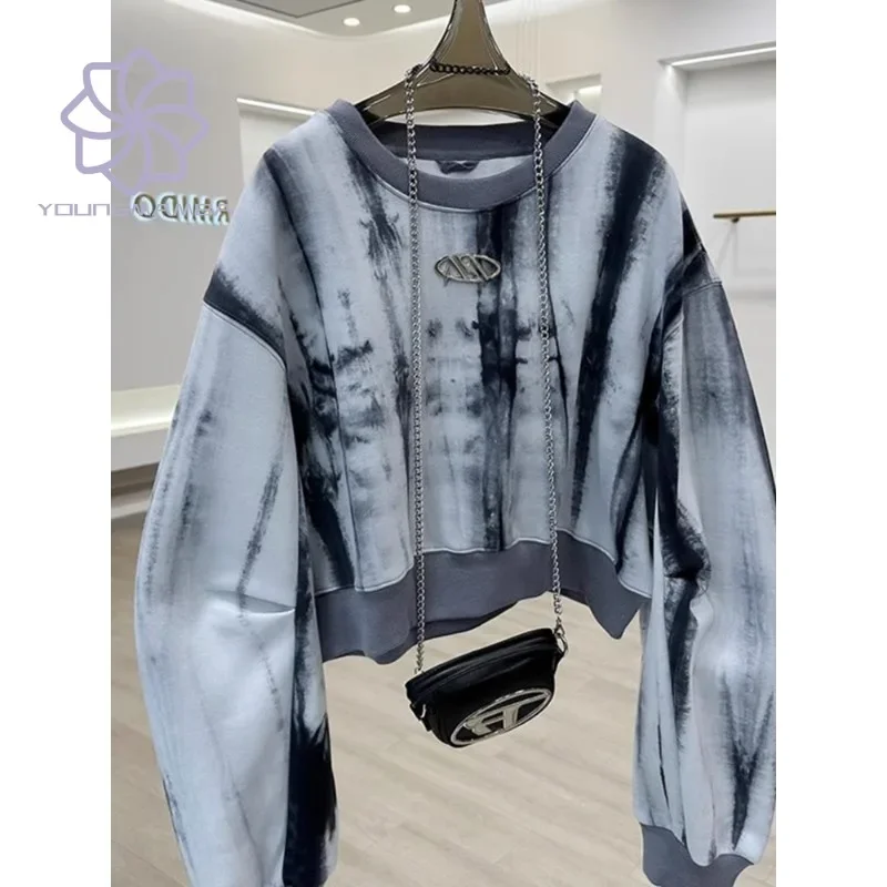

Korean Fashion Tie Dye Printing Short Sweatshirts Women Autumn Winter Loose Long Sleeve Crew Neck Top Female Hoodies