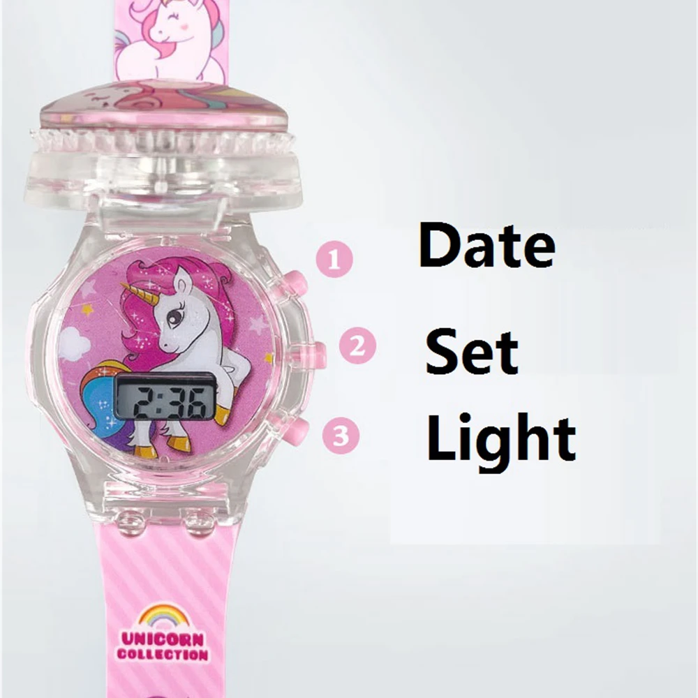 Pretty Girls Kids Children Students Rotatable Music Lights Sounds Rainbow Unicorn Collection Flip Digital Flashing Gift Watches 4