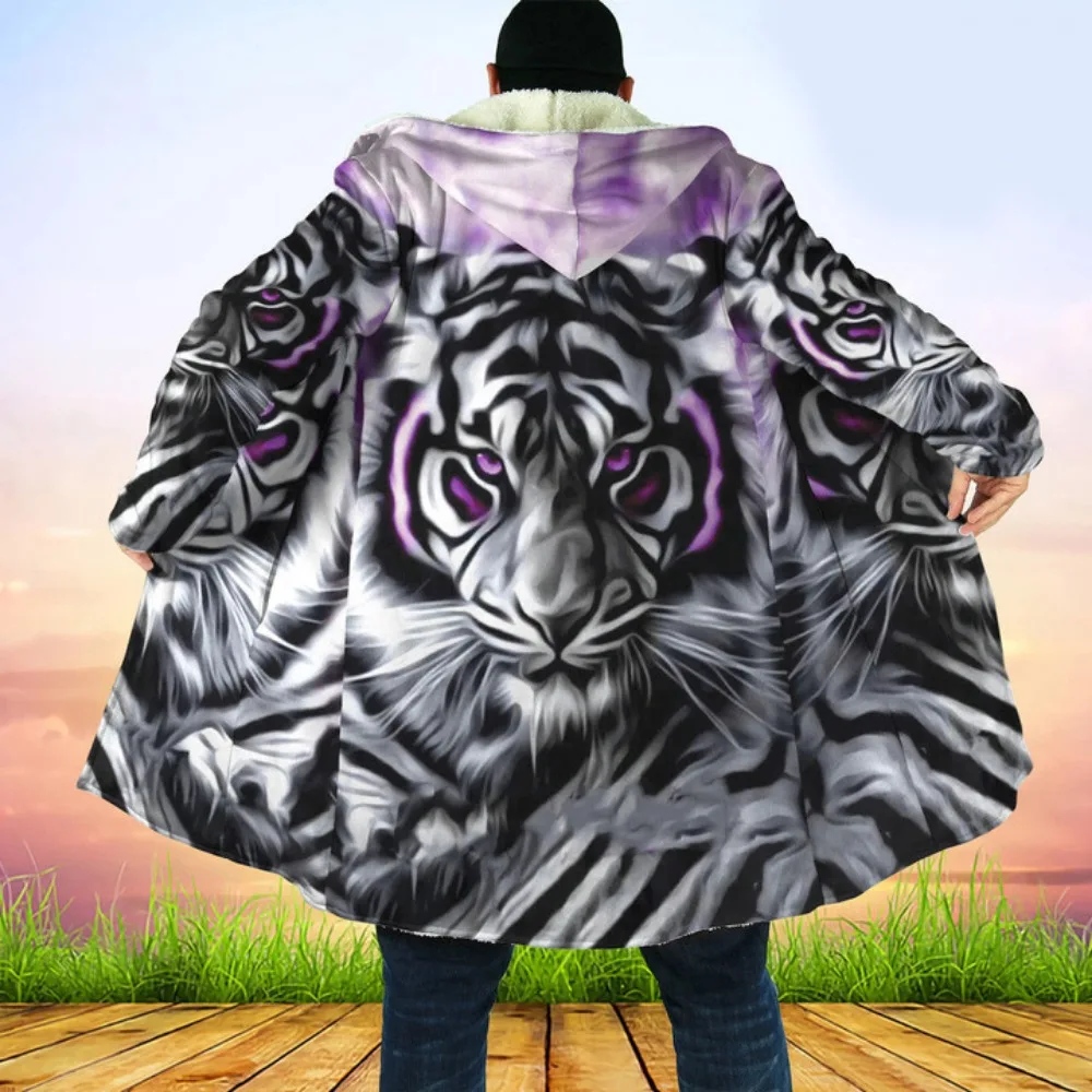 MSIEESO Winter Men Hooded Cloak Animal Tiger Graphic 3D Printed Fleece Wind Breaker Unisex Casual Thick Warm Hood Cloak