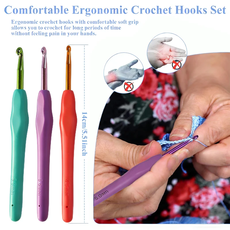 9가지 사이즈의 코바늘 세트(2.0-6.0mm) - 뜨개질, 스티치 마커, 초보자용 코바늘, DIY 프로젝트 및 공예 애호가를 위한 세트