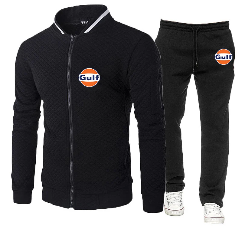 

Gulf 2023 Men's New Spring And Autumn Diagonal Zip Hoodie Tracksuit Hooded Sweatshirt+Pants Pullover Sportswear Suits