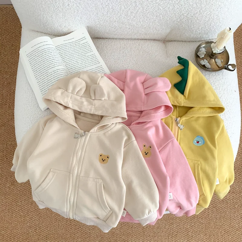 

2023 Autumn Kids Coats Cartoon Bear Bunny Embroidery Hooded Jackets for Boys Girls Infant Outwear Zipper Clothing Toddler Outfit