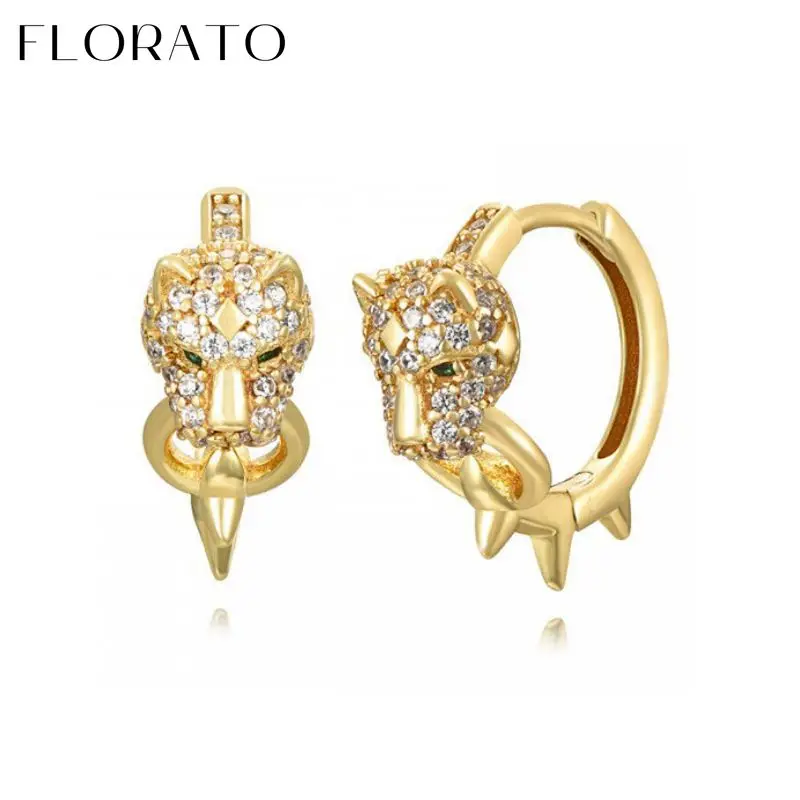 

Metal 925 Sterling Silver Ear Needle Gold Full Zircon Leopard Head Green Eye Rivet Hoop Earrings For Women Fashion Party Jewelry
