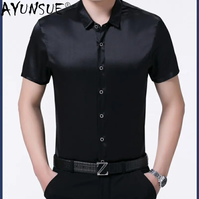 

95% Mulberry Real Silk Shirt for Men Short Sleeved Shirts Summer Thin Men's Clothing Fashion Solid Casual Top Shirt Ropa Hombre