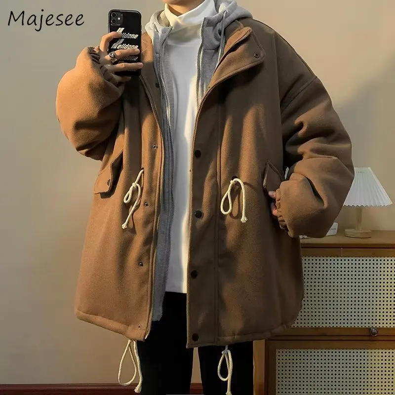 

Blends Men Simple Loose Winter Newly Chic Casual Coats Fake Two Pieces Zip Up Outwear Spliced Vintage High Street Date All-match