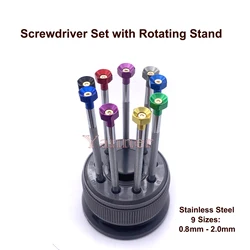 Watch Repair 9 pcs Screwdriver Set with Rotating Stand and Replacing Tips Flat Head and Phillips Head Watch Tool Kits