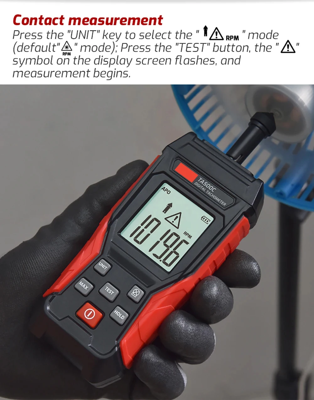 TA500C Digital Laser Tachometer Contact/Non-Contact/Dual Mode RPM Meter Engine S