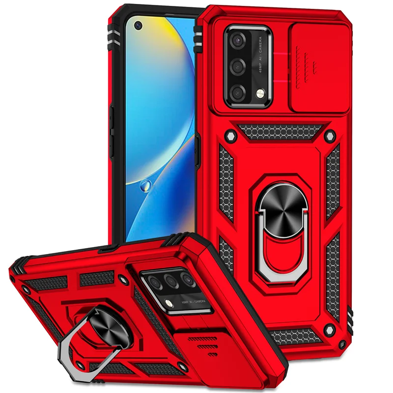 Shockproof Armor Case with Slide Camera Lens Protector and Magnetic Holder Ring Back Cover
