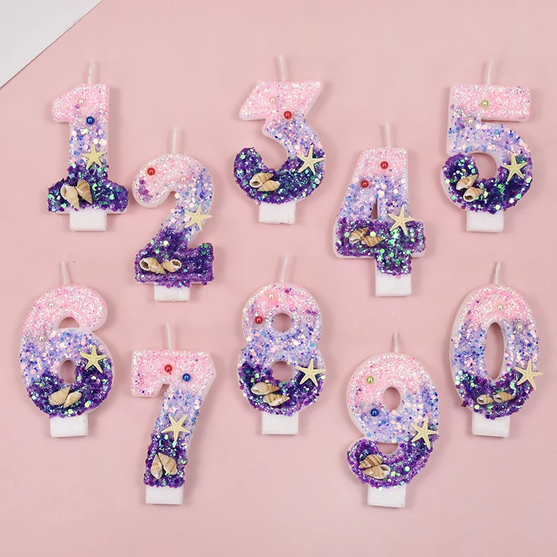 1pc Girl Birthday Number Candle Cake Topper Purple Starfish Kid Baby One Year Old Dessert Decor Mermaid Theme Party DIY Supplies