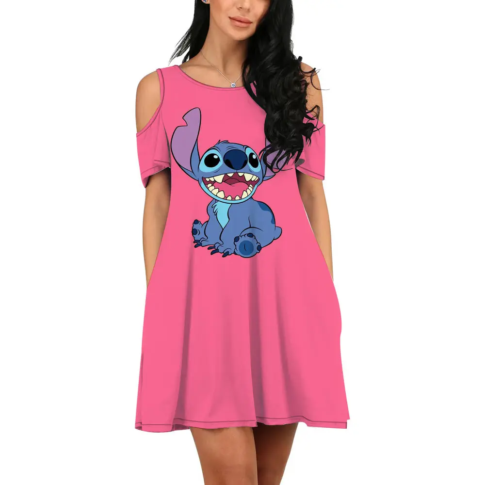

2022 Summer Streetwear Disney Brand Stitch, Mickey & Minnie Anime New Ladies Casual O Neck 3D Print Sexy Off Shoulder Dress