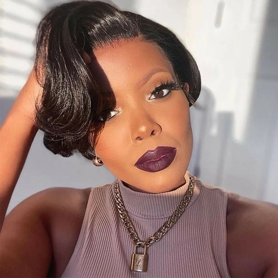 Pixie Cut Lace Front Wigs Human Hair 13"x4.5"x0.5" Transparent Lace Short Lace Part Wig Straight Human Hair Wigs For Black Women