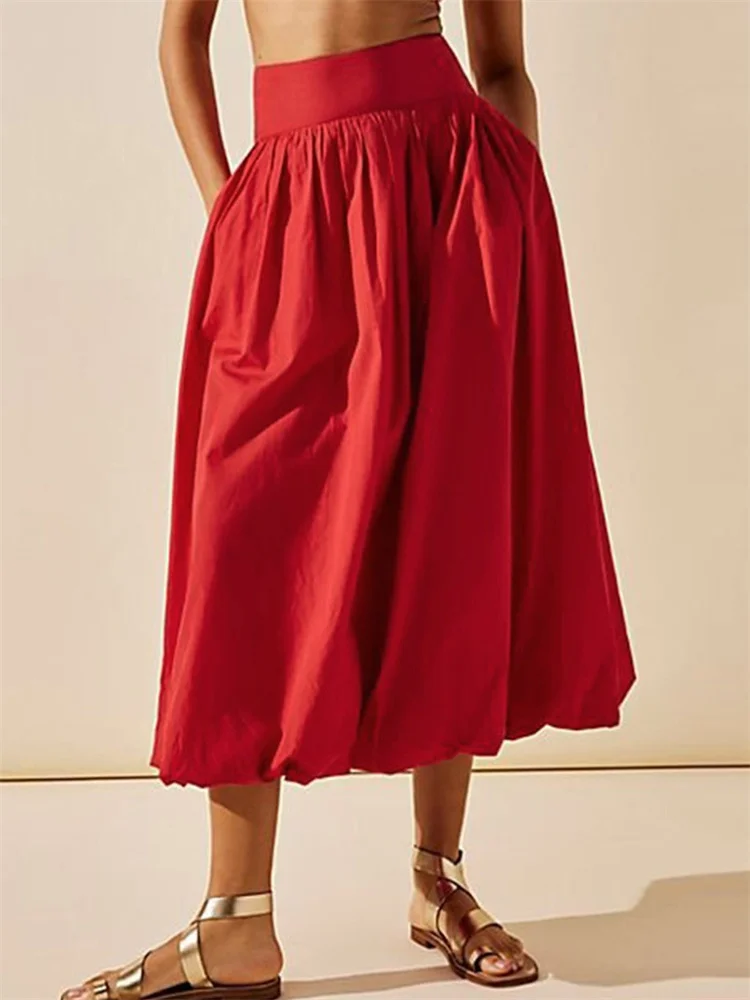 CHRONSTYLE Women Long Maxi Skirts Casual Loose Fit Elastic Waist Solid Color Ruched Pleated Skirts for Summer Spring Streetwear - view