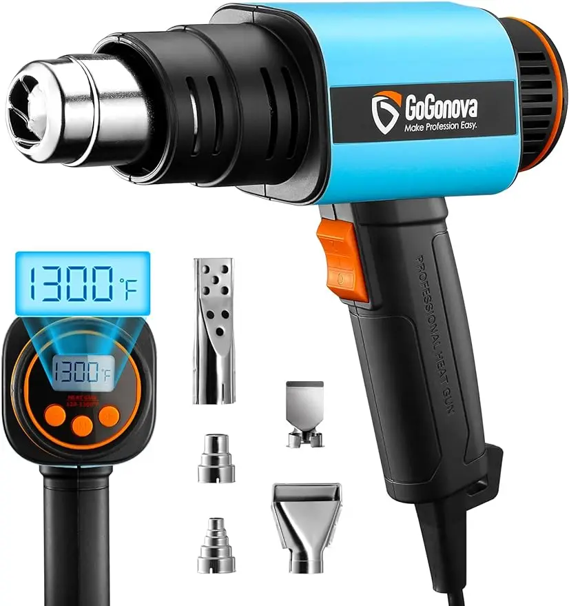 

1800W Heat Gun GoGonova Heavy Duty Soldering Hot Air Gun Stepless Adjustment 122℉ to 1202℉ with Application Icon Dual Airflow