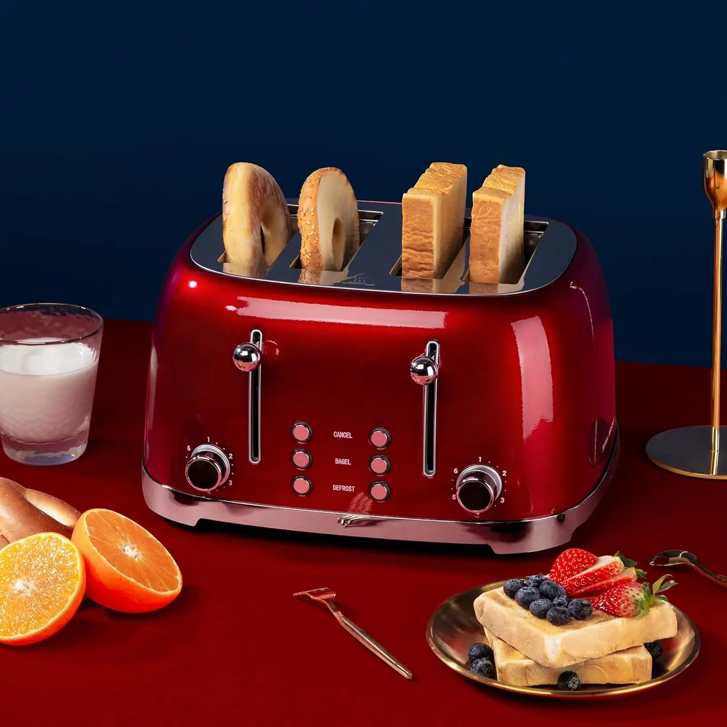 4 Slice Toaster Retro Stainless Steel Toasters with Bagel Defrost Cancel Function 6 Browning Settings Extre Wide Slot Red 6