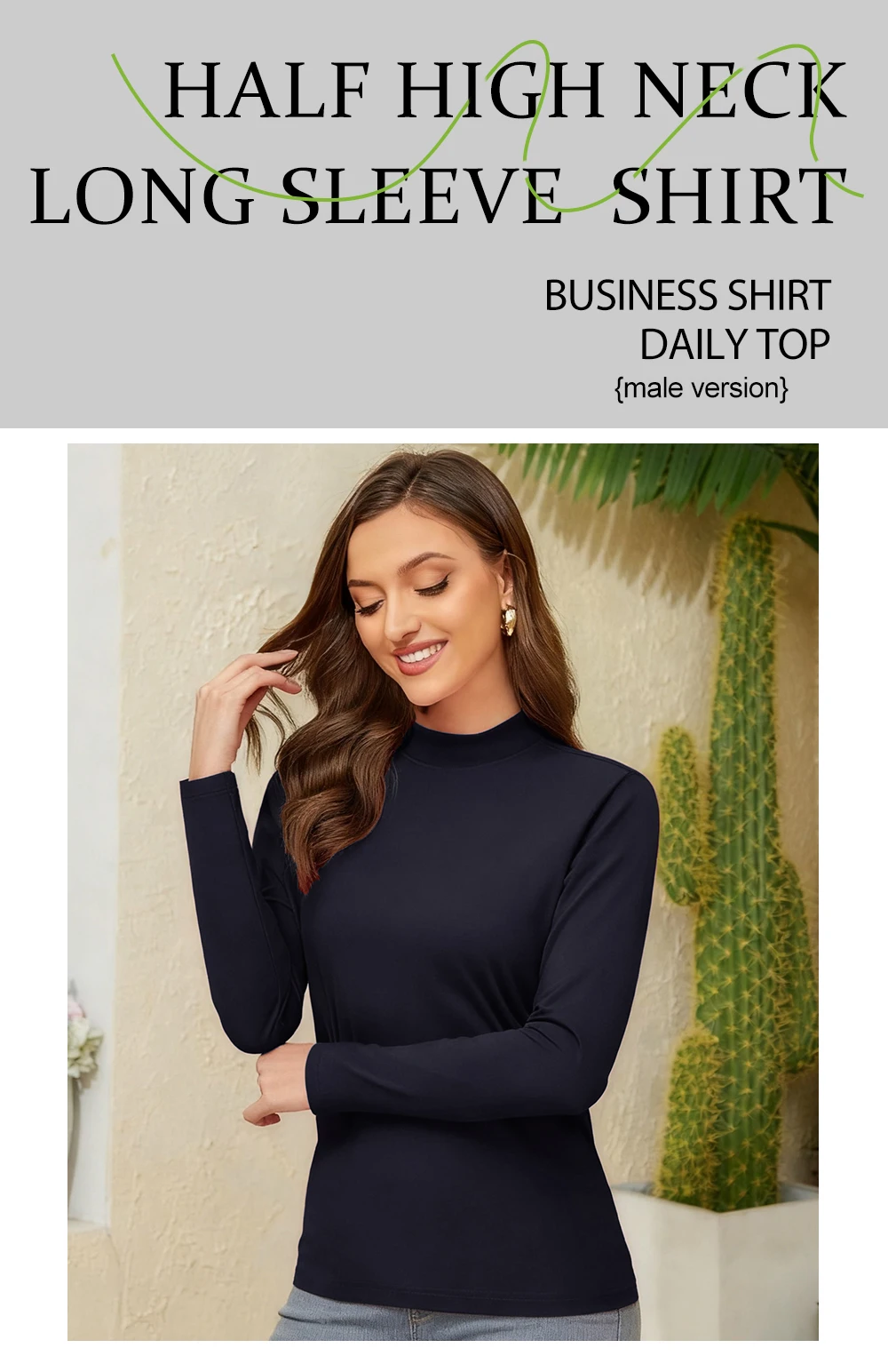 Damen-Unterhemd für Herbst und Winter, solides Samt-Fleece-T-Shirt, warm, halbhoher Ausschnitt, Basisschicht, Basics, langärmeliges Hemd – Detail 1