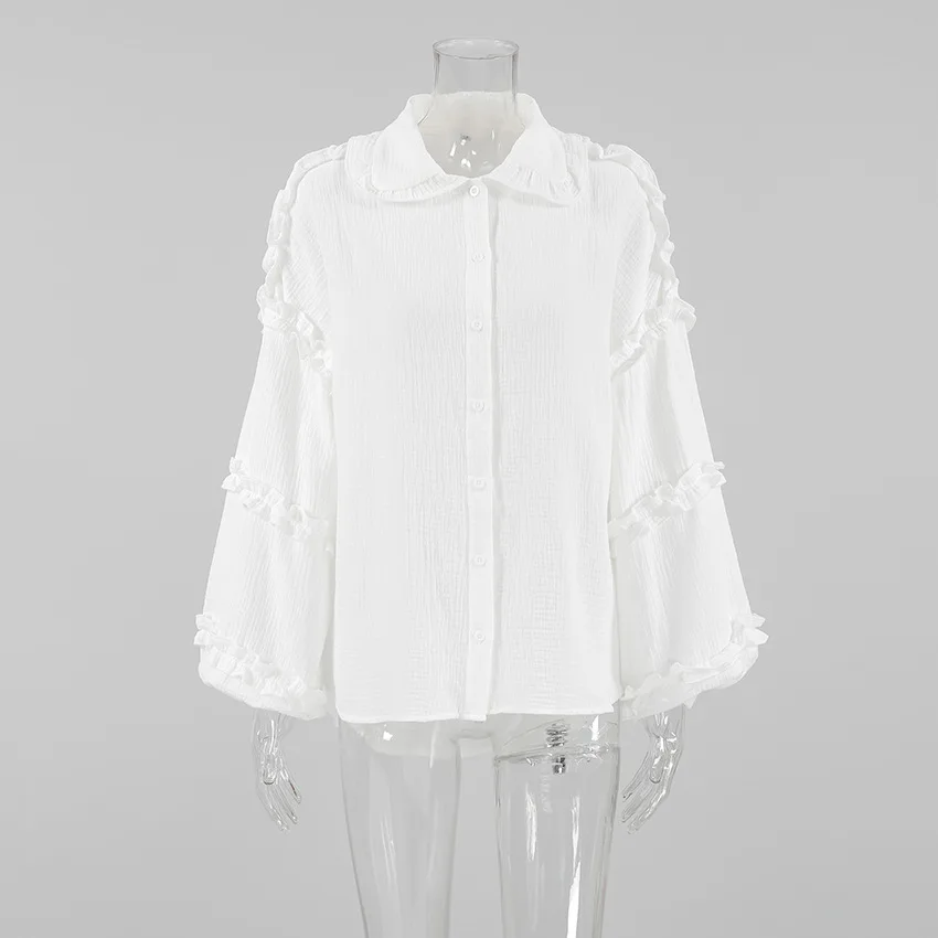 Camisas blancas holgadas con volantes para mujer, manga larga, elegantes, a la moda, otoño, lisas, informales, prendas de vestir exteriores, camisas para mujer, abrigos, novedad de verano