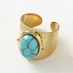 Exquisite Turquoise Stone Wide Band Ring in 14K Gold Plated Stainless Steel (01)