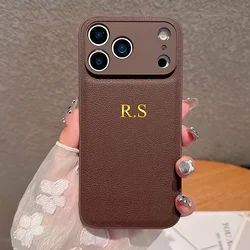 Personalized Gold Foil Engraved Luxury Faux Leather Case with Custom Initials - iPhone 15 Pro (Brown)