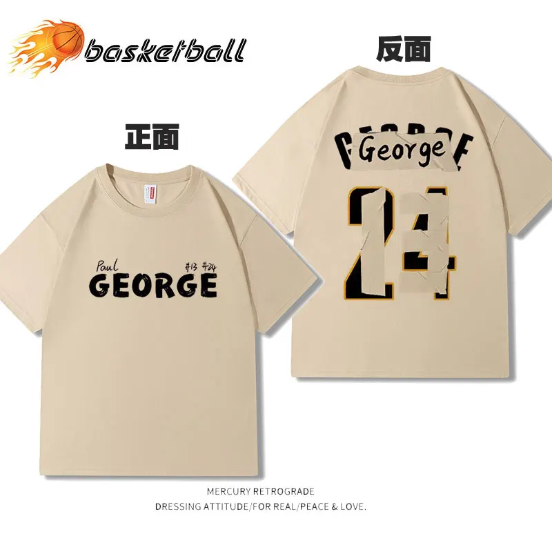 100% Cotton American Paul George Jersey Change Trend Heavy Long Sleeve T-shirt Couple Basketball Short Sleeve 2