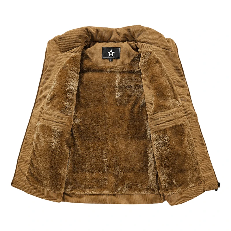 Men Warm Vests Jacket  Autumn Winter Stand Collar Plush Thicken Sleeveless Leisure Down Cotton-Padded Corduroy Vest Coat