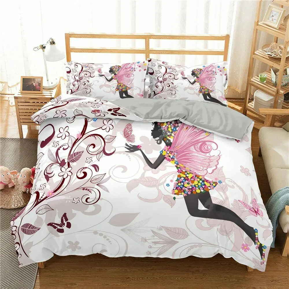 Butterfly Quilted Bedspread & Pillow Shams Set Fairy Woman Eyelashes Print 