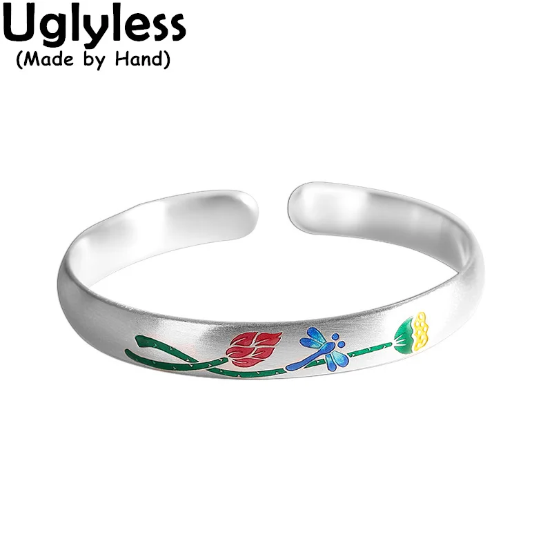 Uglyless Oriental Aesthetics Thai Silver Crisantemo Lotus Bangles Per Le Donne Solid 999 Pure Silver Floral Bangles Gioiello Etnico