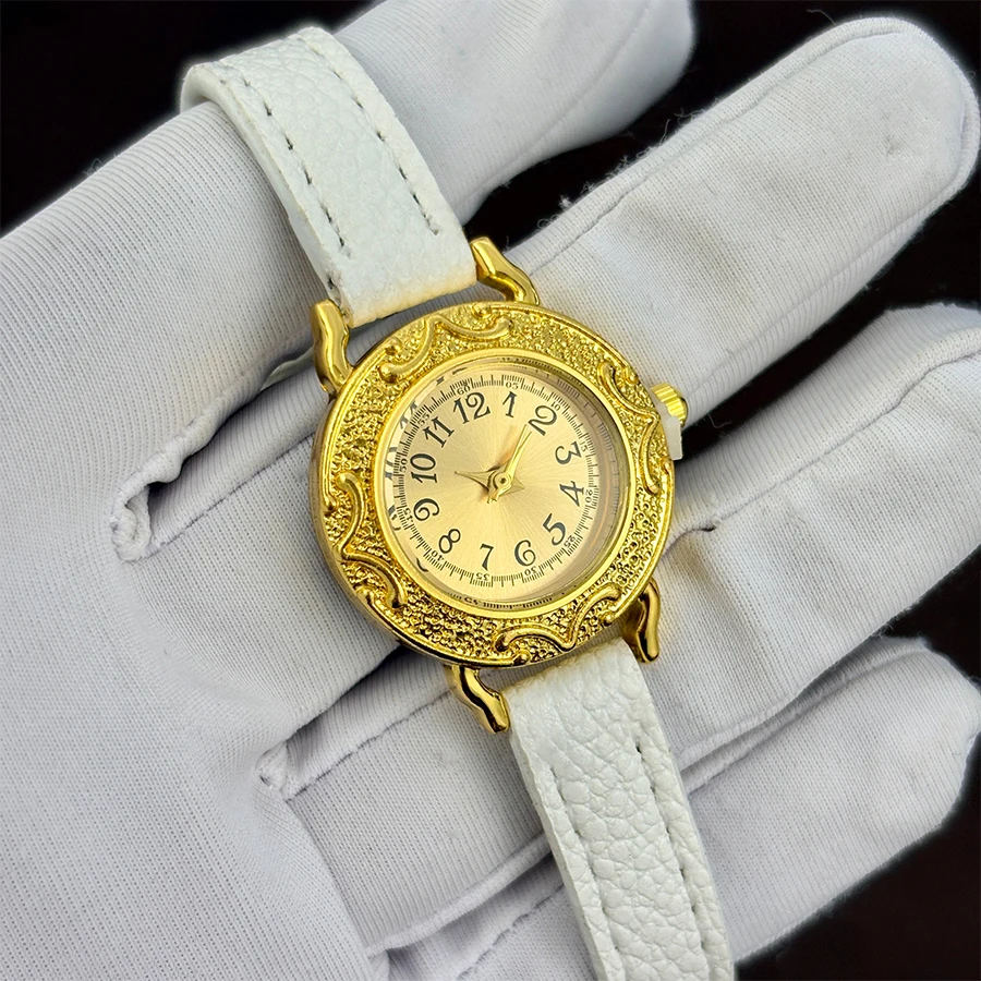 Women's Retro Leather Wrist Watch with Slim Gold Strap and Round Dial
