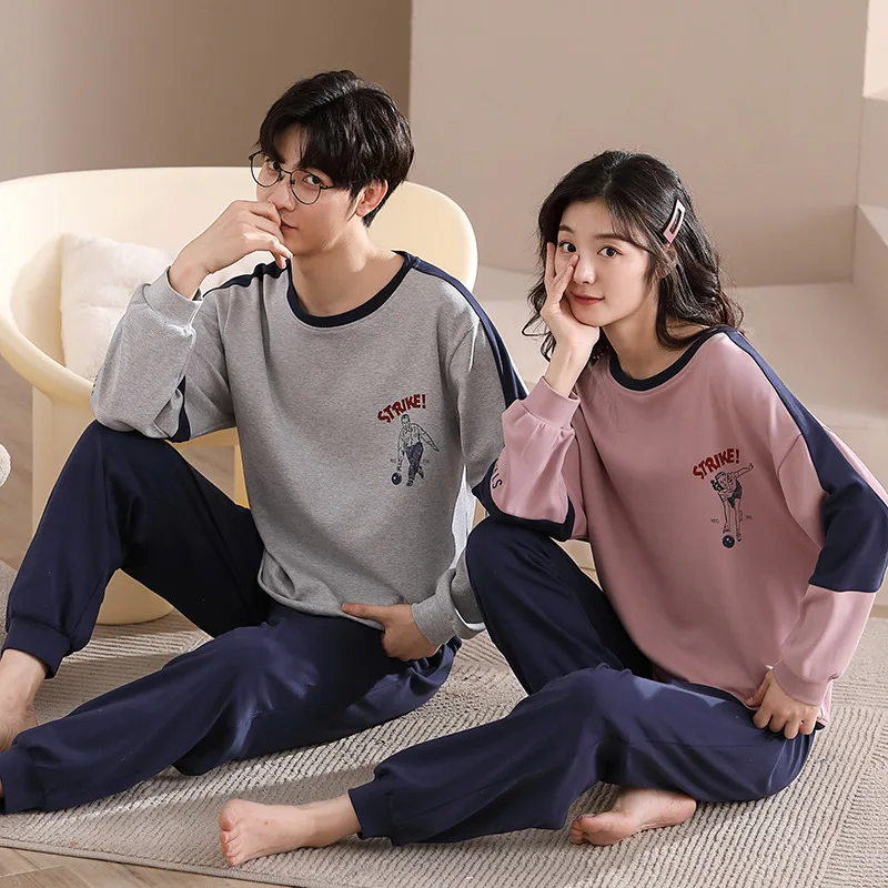 Couple Pajamas Set 100% Cotton Autumn Long Sleeves Pants Home Suit Cartoon Lovers Sleepwear Comfortable Men Female Pijamas