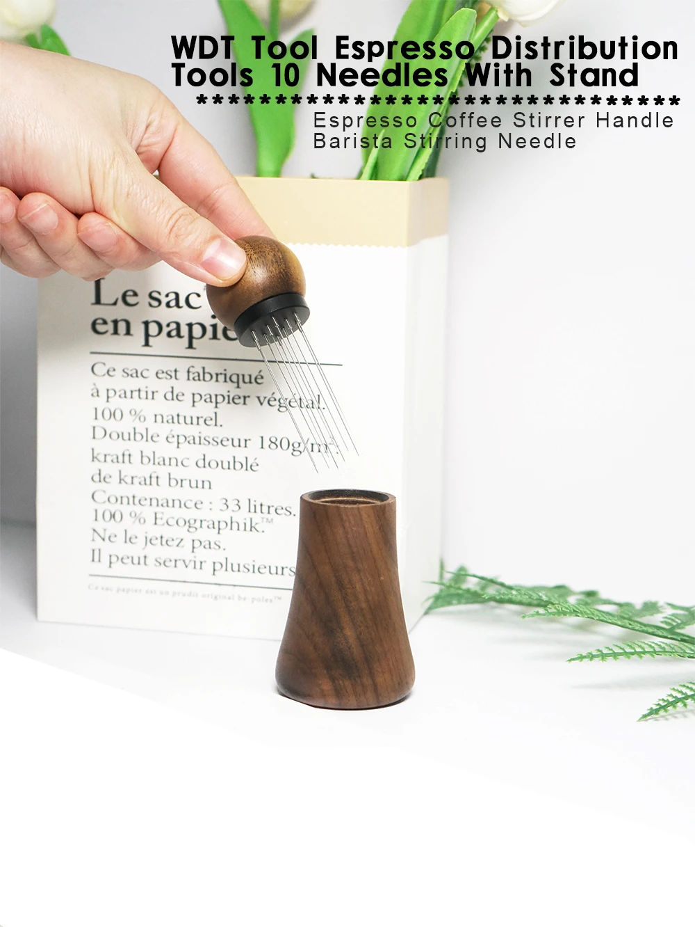Description Picture 2 of itemCoffee Stirrer Needles Espresso Distribution Tools Natural Walnut Wood Handle With Stand WDT Tool