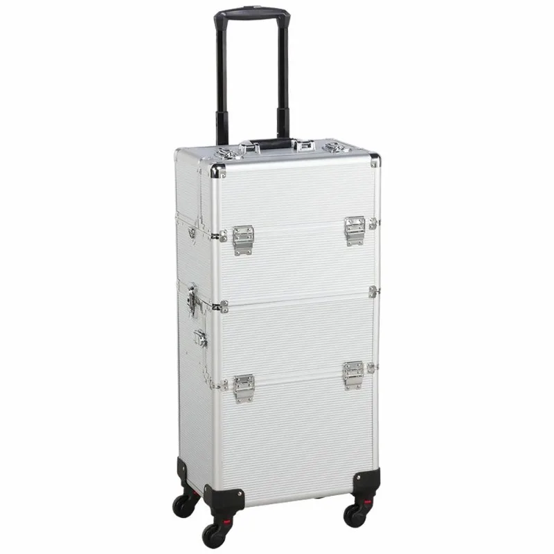 

3 in 1 Cosmetic Makeup Case Large Aluminum Trolley Makeup Travel Case Professional Rolling Cosmetic Beauty Storage