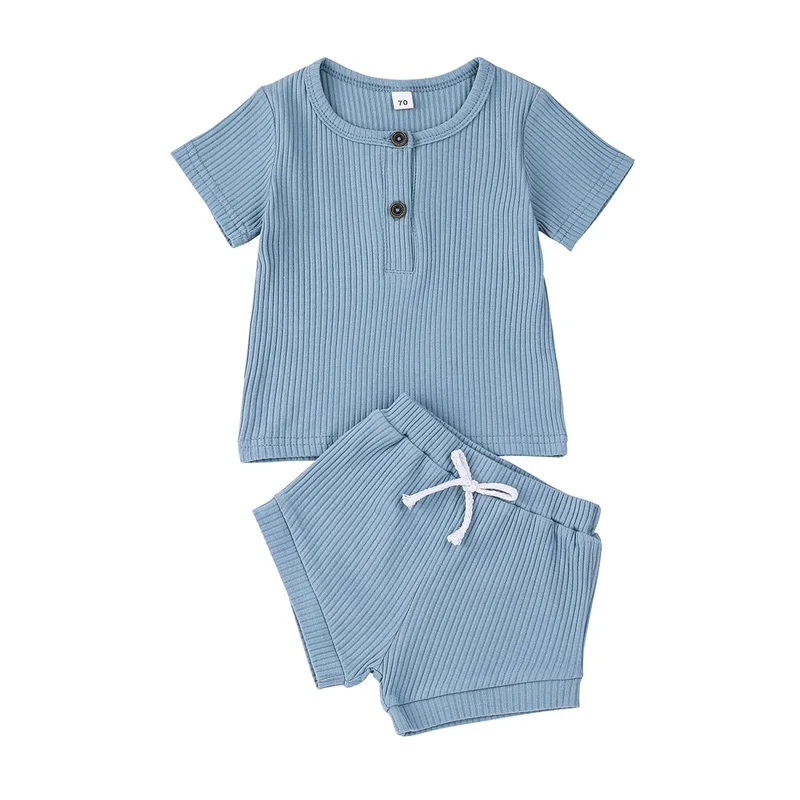 Cotton Casual Summer Newborn Baby Boys Girls Outfits Suit Ribbed Knitted Short Sleeve T-shirts Tops+Shorts 2Pcs Kids Tracksuits Baby Clothing Set discount Baby Clothing Set