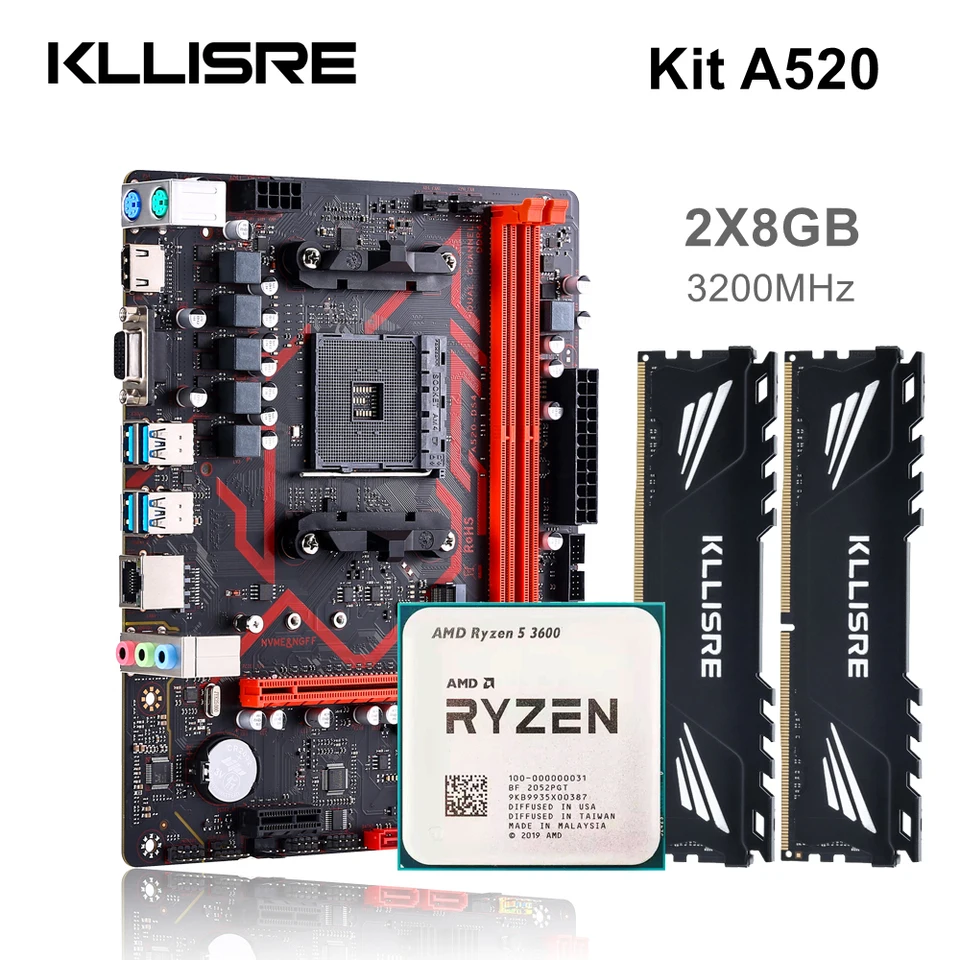 Kllisre A520 Motherboard kit AMD Ryzen R5 3600 cpu DDR4 16GB