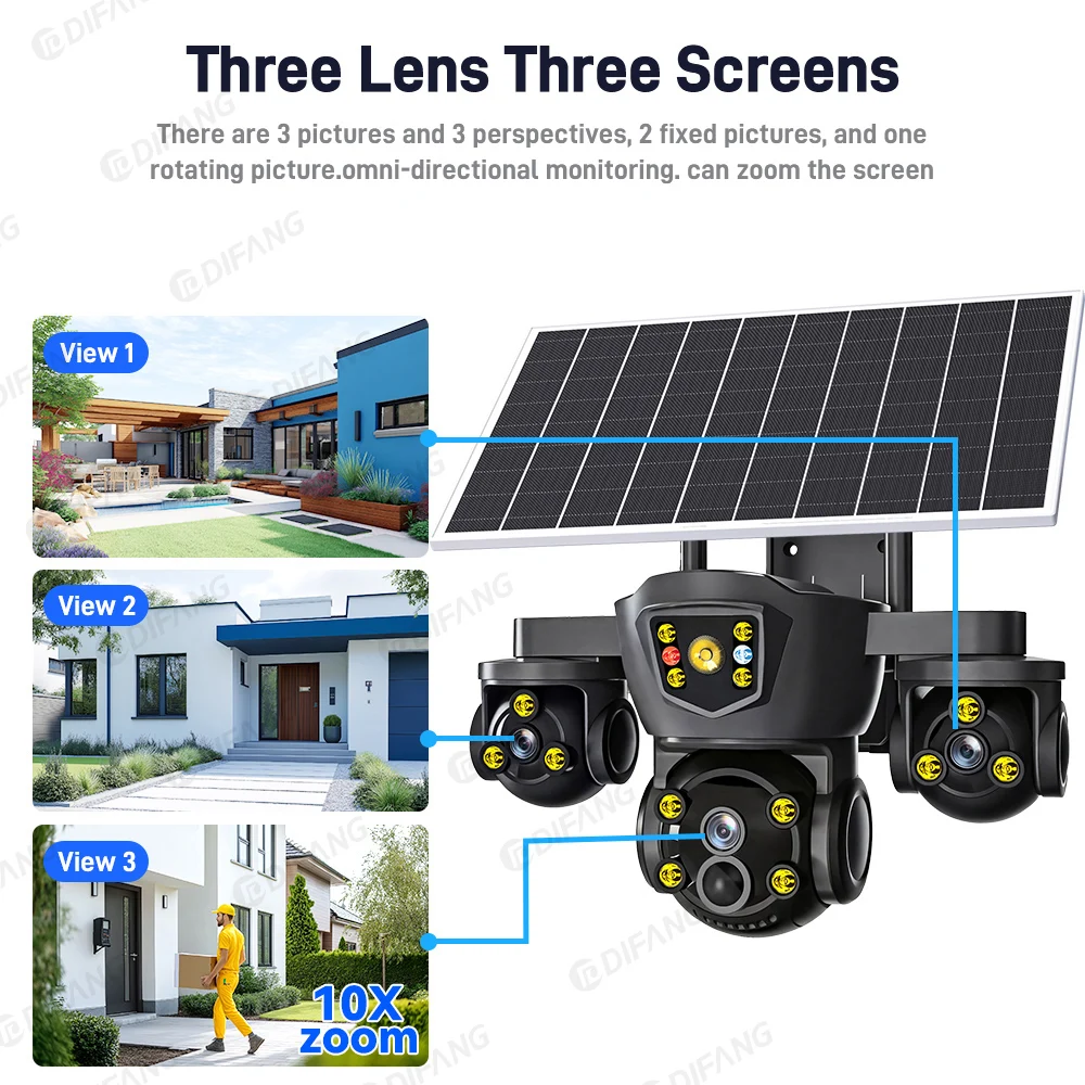 V380 Pro Triple Screen Solar Security Camera Outdoor Triple Lens, WiFi Battery CCTV External WiFi Cam 2
