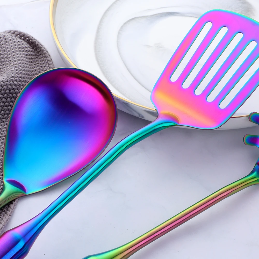 kitchen utensils set 1-10PCS Rainbow Stainless Steel Cooking Kitchen Utensils Set Soup Spoon Turner Spaghetti Server Food-grade Cookware Tools