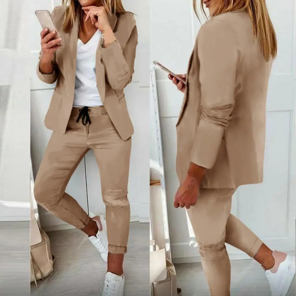 

1 Set Stylish Women Suit Set Solid Color Streetwear Formal Suit Set Open Stitch Blazer Elastic Waist Trousers