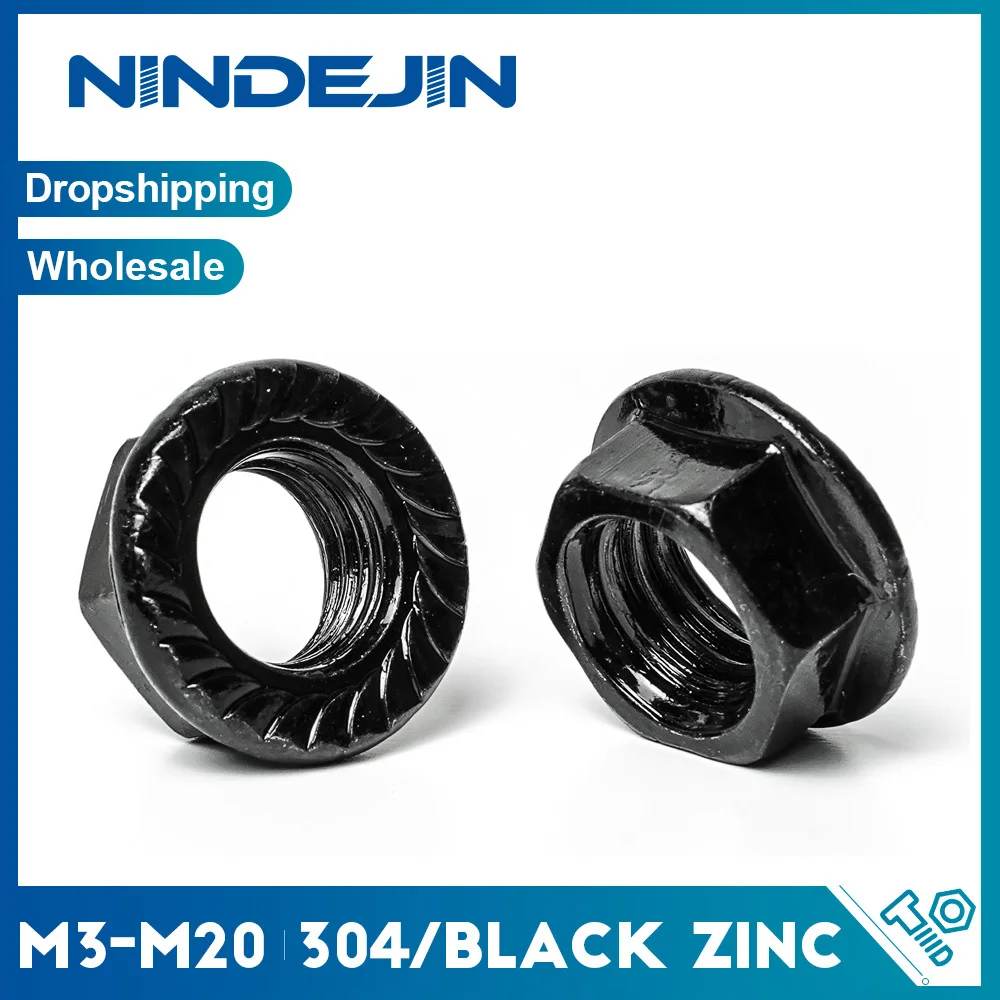 NINDEJIN Écrou à bride noir Écrou à bride dentelée en acier au carbone M3 M4 M5 M6 M8 M10 M12 Écrou de blocage dentelé Écrou hexagonal Spinlock